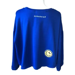 SugarHigh Clothing Blue crop sweatshirt with yellow smiley faces thumbnail 3