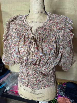 Free People Smocked Floral Lace-Up Crop Top XL NWOT Boho Prairie Cottagecore thumbnail 4