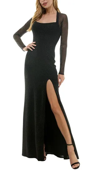 NWT City Studios Juniors Square-Neck Side-Slit Long Sleeve Gown Dress Black 5/6 thumbnail 1