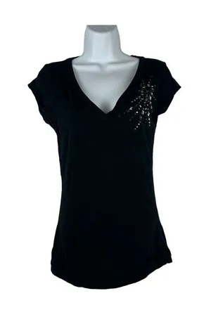 Susie Rose Womens Black V-Neck Embellished T-Shirt Size M Stretchy Cotton Blend thumbnail 1