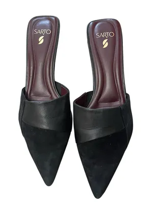 SARTO By Franco Sarto Black Patchwork Leather Suede Pointed Toe Mule Slides thumbnail 1