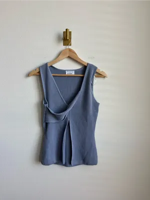 SABO Slate Blue Ribbed Knit Top Deep V Crossover Sleeveless Open Front Size S thumbnail 2