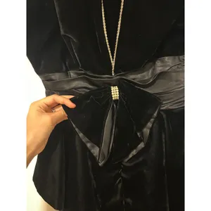 Vintage Night Way Black Velvet Peplum Dress Rhinestone Bow Halter 80s Glam 12 thumbnail 12
