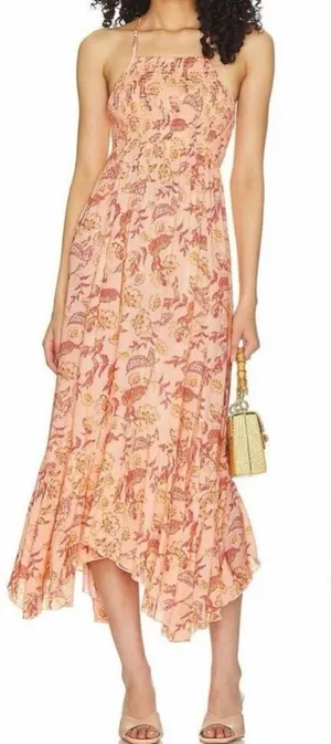 NEW FREE PEOPLE heat wave printed maxi slip dress in dusk coral combo sz L thumbnail 1