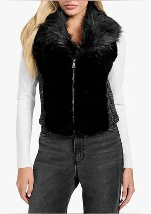 Guess Black & White Women's Faux-Fur Collar Jacket Vest S thumbnail 1