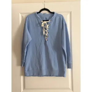 Aerie Light Blue Lace Up Oversized Pullover Sweatshirt XS thumbnail 3