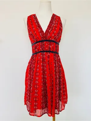 Abercrombie & Fitch Red Paisley Boho Mini Dress with Velvet Trim size medium thumbnail 2