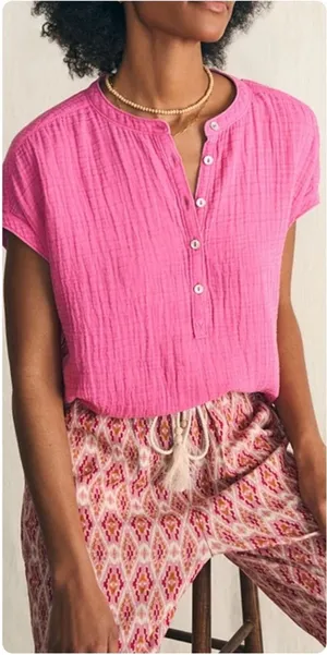 Faherty Dream Cotton Gauze Desmond Top Cone Flower Pink thumbnail 1