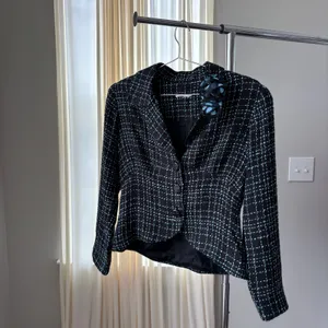 Y2K Tweed Blazer S Blue Plaid Floral Lapel Rosette Office Siren Whimsy Rom Com thumbnail 9