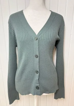 a‎ new day Sage Green Ribbed V-Neck Button Cardigan Size M thumbnail 1