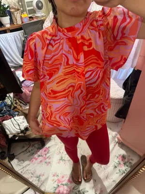 THML Vibrant Swirl Print Short Sleeve Top in Red & Pink thumbnail 1