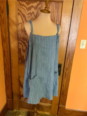 Arula Blue Textured Sleeveless Jumper Dress Oversized Pockets Boho Lagenlook thumbnail 8