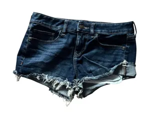 Express Shortie Low Rise Denim Shorts Dark Wash Raw Hem Cut Offs Size 4‎ thumbnail 1