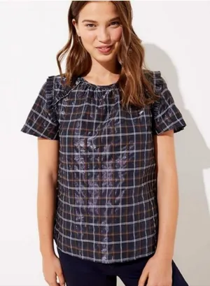 LOFT -289 Plaid Short‎ Sleeve Ruffle Shimmer Blouse Top Black Tan White Small thumbnail 1