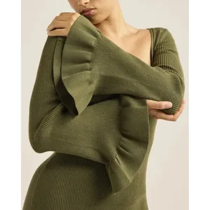 Scoop Womens Sweater Dress Sz XL Grape Leaf Ribbed Midi Bell Sleeve Square Neck thumbnail 6