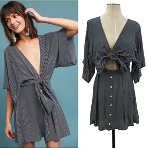 Faithfull the Brand Vinci Tie-Front Dress Cut Out Striped‎ Navy Blue Size US 6 thumbnail 2