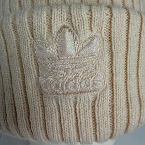 Adidas OS Beanie Cream Ribbed Knit Iridescent Trefoil Logo Winter Hat Streetwear thumbnail 3