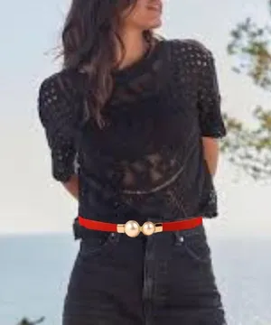 Red & gold pearl‎ belt Imitation Pearl Pair Buckle Thin Belt Monochrome Elastic thumbnail 4