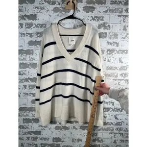 Aerie | women black and cream striped vneck sweater oversized thumbnail 8