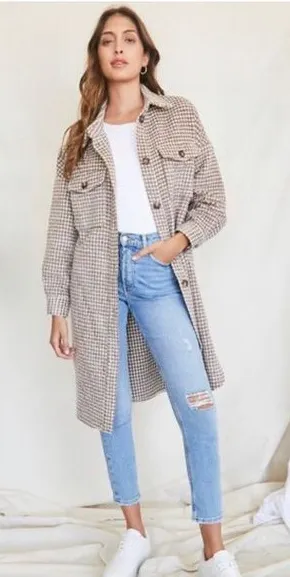 Forever 21 Brown & Cream Brushed Houndstooth Longline Shacket - Small thumbnail 1