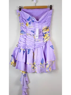 Peppermayo Viviana Mini Dress Lavender Floral Ruched Strapless Ruffle US 6 thumbnail 11