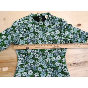 Maeve Anthropologie Floral High Neck Top Blue Green Jacquard Short Sleeve Small thumbnail 10