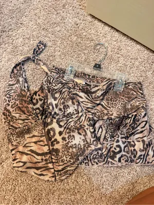 Animal Print Ruched Halter Mini Skirt set Beige thumbnail 3