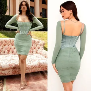 House Of CB Dress Freyja Gathered Corset Ruched Satin Mesh Knee Green‎ Small EUC thumbnail 10