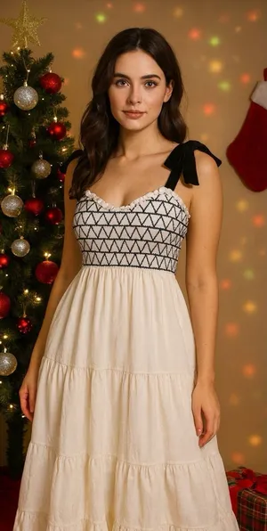 Women Ivory Smocked‎ Tiered Tie Straps Maxi Peasant Dress Size L 100% Cotton thumbnail 1