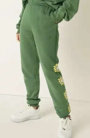 Victoria's Secret PINK Green Sunflower Smiley‎ Face Fleece Joggers Sweatpants thumbnail 1