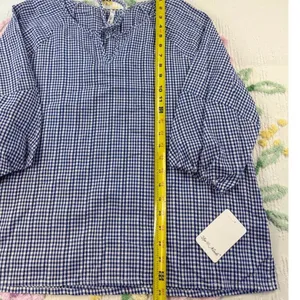 Blue White Gingham Tie Neck 3/4 Sleeve Blouse Shirt‎ Women's Plus Size XL thumbnail 4