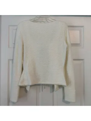 Women's White Fuzzy Cardigan Size M Silver Rhinestone Sparkle Bow Tie thumbnail 2