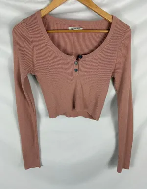 American Eagle Ribbed Button V Neck Long Sleeve Crop Top Pink Size Small thumbnail 1