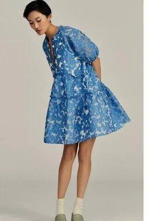 NWT Maeve by Anthropologie Tiered Jacquard Mini in Blue Organza A-line Dress XS thumbnail 1