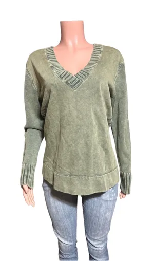 V neck knit fleece mix pullover sweater top L thumbnail 1