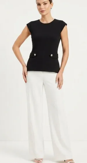 Ann Taylor Black Cap Sleeve Peplum-Style Top with Gold Button Tabs Detail Size M thumbnail 1