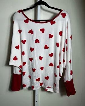 176. Bibi- Red Heart Print Women's Top - White and Red Dolman sleeve -oversized thumbnail 1