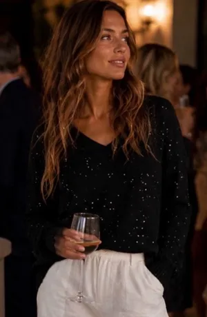 LOFT Black V-Neck Sparkle Knit Sweater thumbnail 1