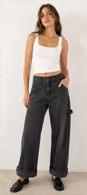 Free People We The Free Black Wash Major Leagues Cuffed Carpenter Utility Jeans thumbnail 1