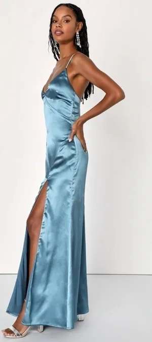 LULUS Prom Wedding Bridesmaid Sexy Satin Open Tie Back Elegant Maxi Dress thumbnail 1