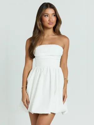 SHOWPO Shaima Strapless Bubble Hem Mini Dress In White thumbnail 3