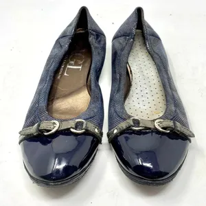 AGL Ballerina Flat‎ Shoes Cap Toe Metallic Patent Leather Navy Blue Size 8.5 thumbnail 3