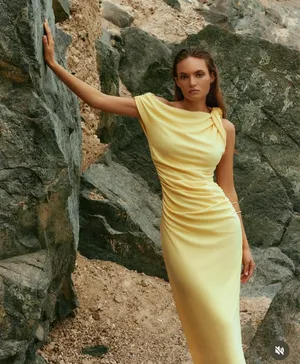 Zara maxi fitted bodycon dress butter yellow casual wedding party evening thumbnail 2