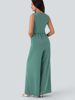NWOT Halara Green V Neck Sleeveless Ruched Pocket Jumpsuit-Easy Peezy thumbnail 2