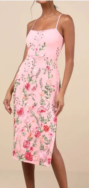Lulus Blooming For Love Pink Floral Embroidered Midi Dress thumbnail 1