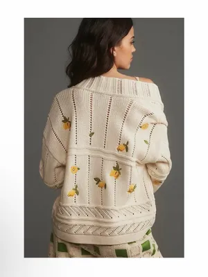 Maeve Lemon Embroidered Chunky Knit Open Sweater White Cream Women's Size Medium thumbnail 3