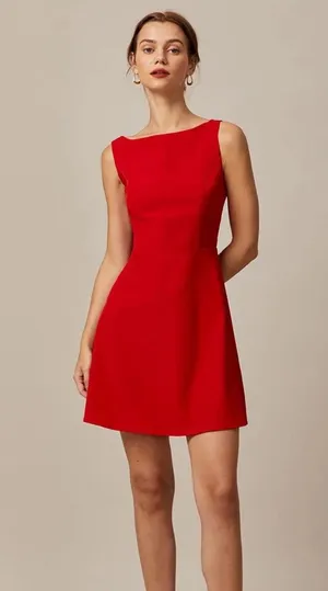 RIHOAS The Red Boat Neck High Waisted Mini Dress M thumbnail 1