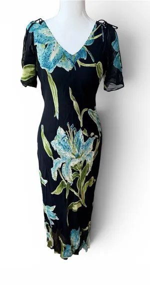 Vintage 90’s Dressbarn Black Blue Floral Beaded V Neck Bias Cut Slip Dress Sz M thumbnail 1