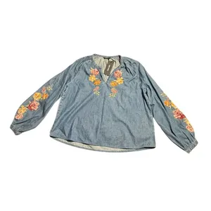 Driftwood Jeans Chambray Top Embroidered Long Sleve floral denim blue Portofino thumbnail 3