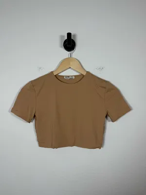 Zara Cropped Fitted Short Sleeve Tee Tan Stretch Top Size M thumbnail 2